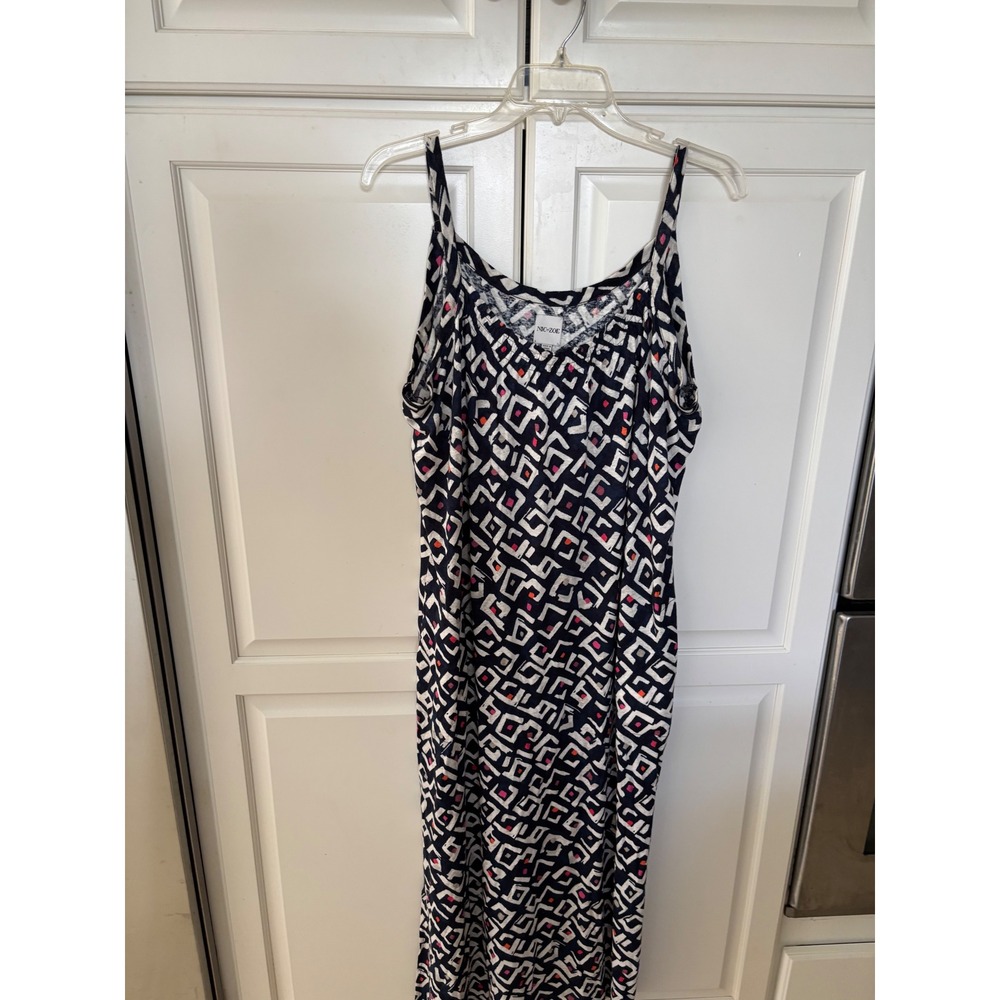 NIC+ZOE Womens XL Blue White Geometric Diamond Linen Blend Maxi Dress Sleeveless